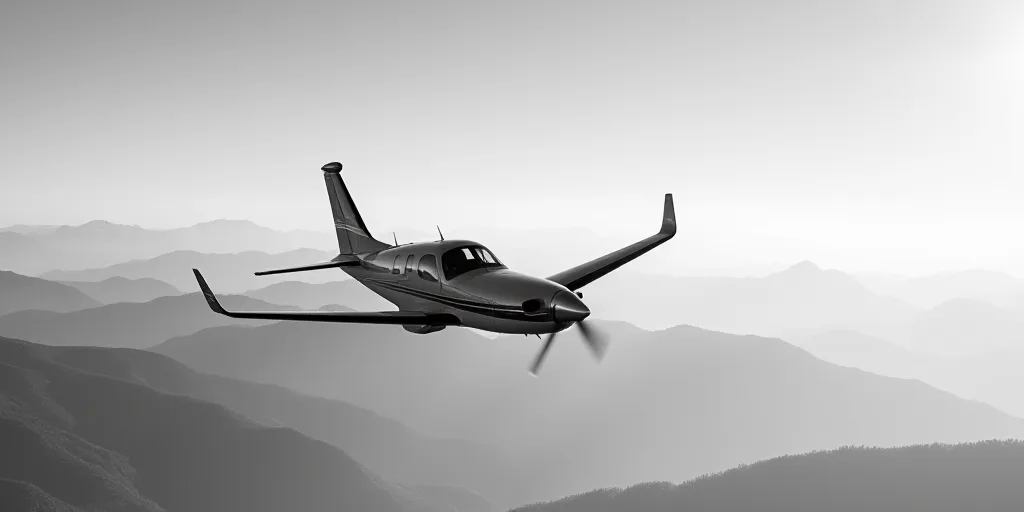 a black and white photo of a small plane flying in the sky with mountains in the background and a bl