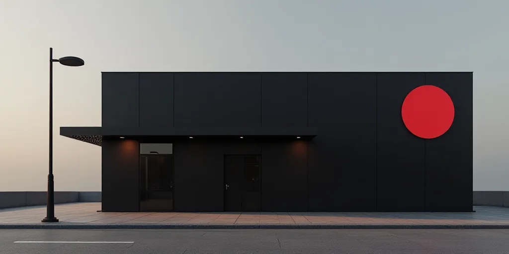 a black building with a red logo on it's side and a street light in front of it, Aramenta Dianthe Va