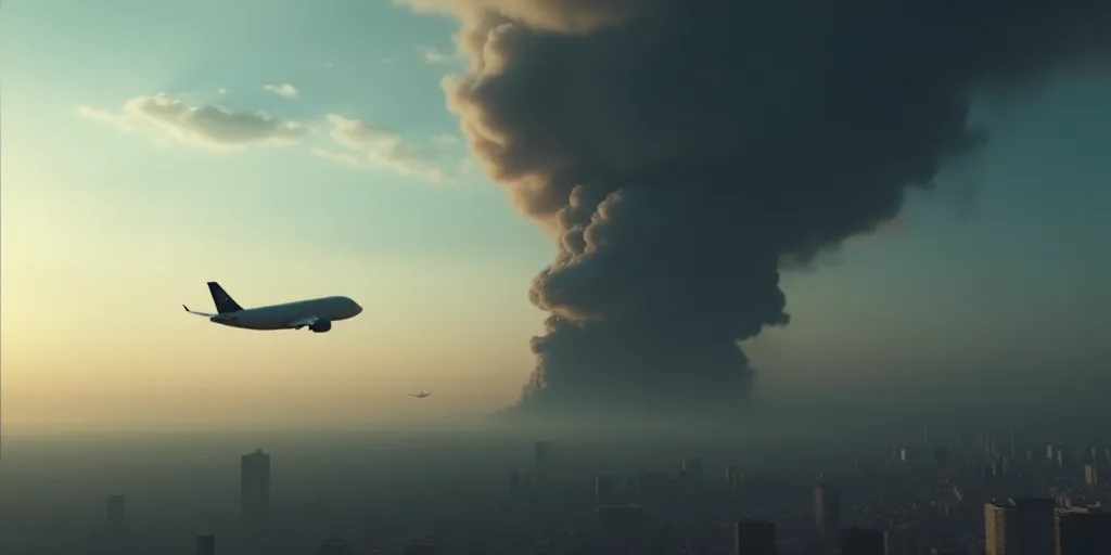 a black cloud of smoke rises above a city skyline in the distance, with a plane in the foreground, B