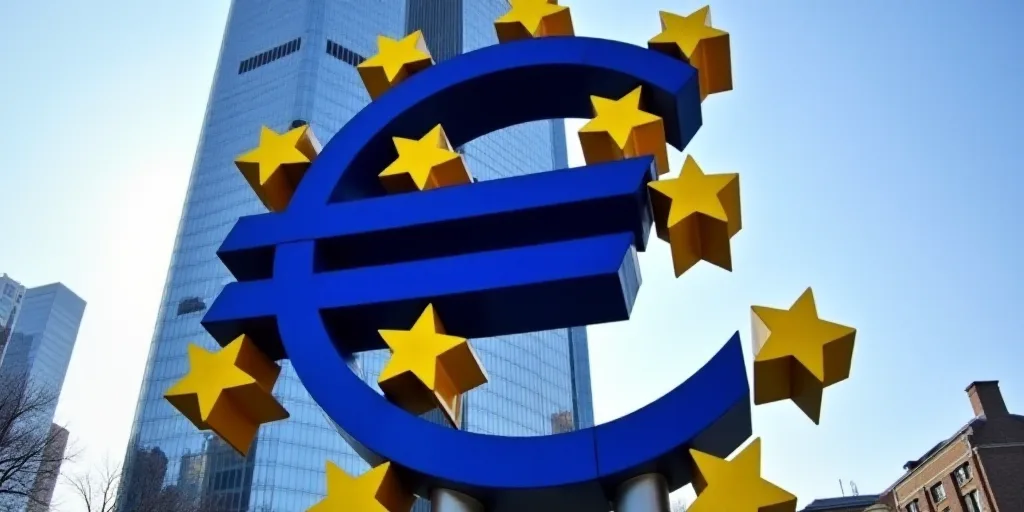 a blue and gold euro sign in front of a tall building with stars on it's side and a blue sky backgro