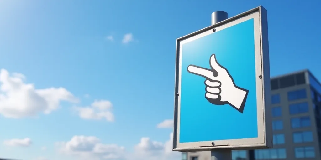 a blue and white sign with a pointing hand in front of a building with a sky background and a hand p