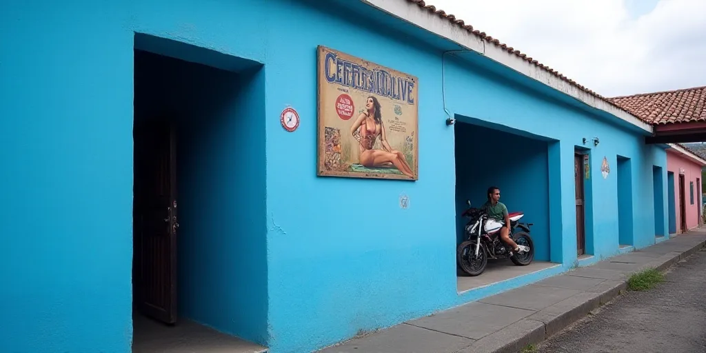 a blue building with a sign on the side of it that says, in spanish, there is a woman in a bikini, C