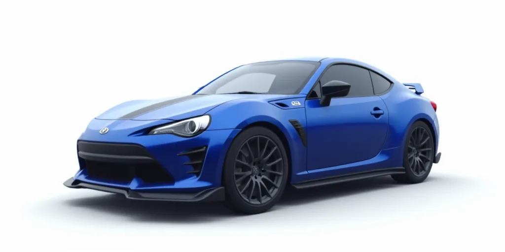 a blue car is shown on a white background with a black stripe around the hood and the hood is down,