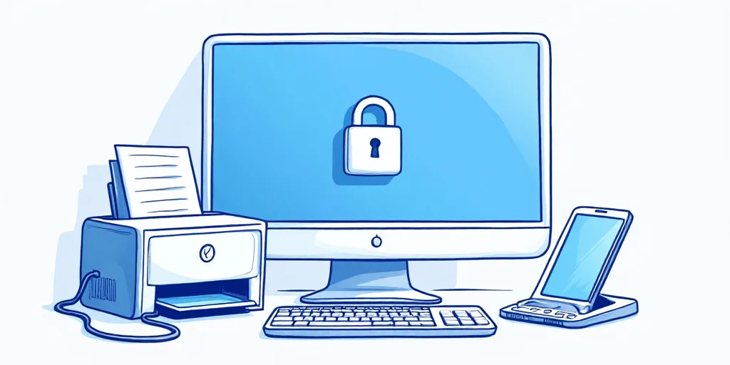 a blue line drawing of a computer and a printer with a padlock on it and a phone and a phone, Andrie