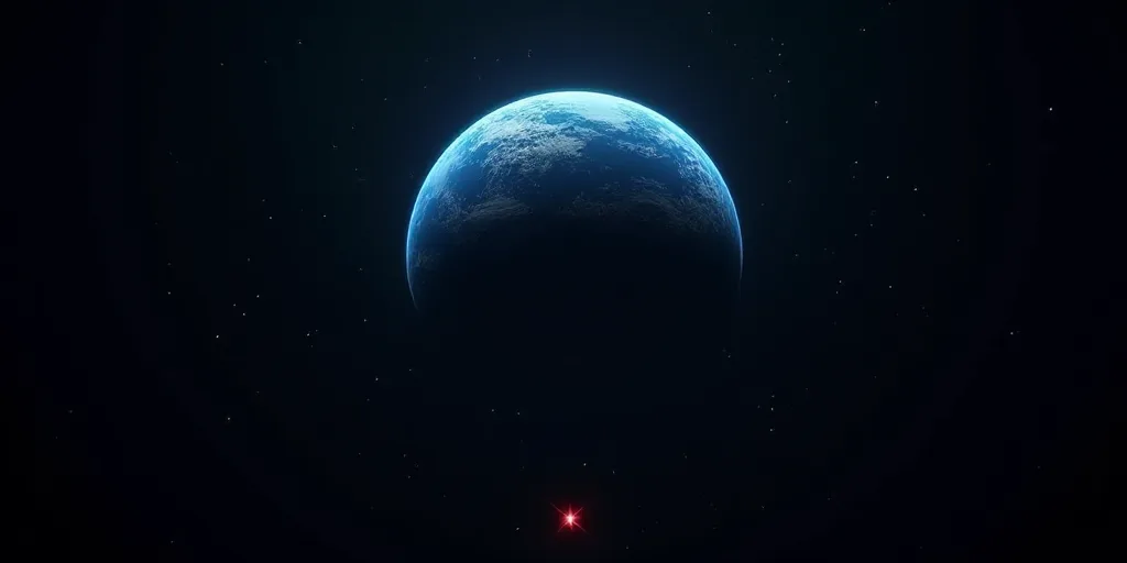 a blue planet with a red star in the background and a black background with a white dot in the cente