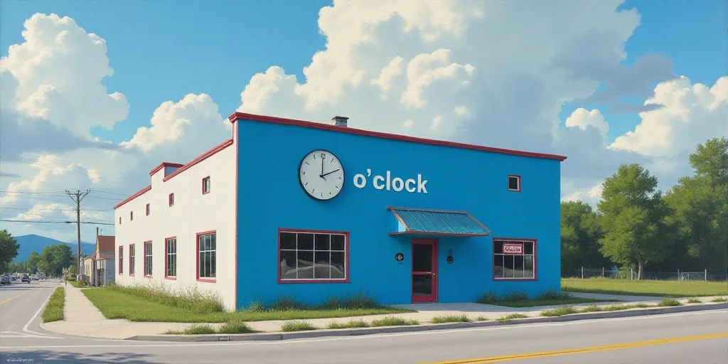 a blue sign on the side of a building that says o'clock and o'clock is on the side of the building,