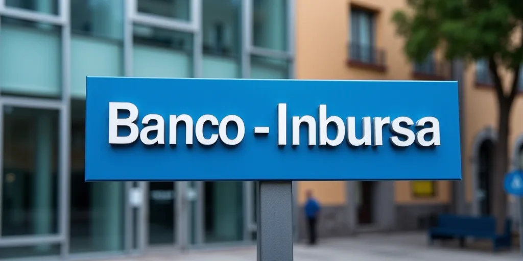 a blue sign that reads banco inbursa in front of a building with glass windows and a reflection of a