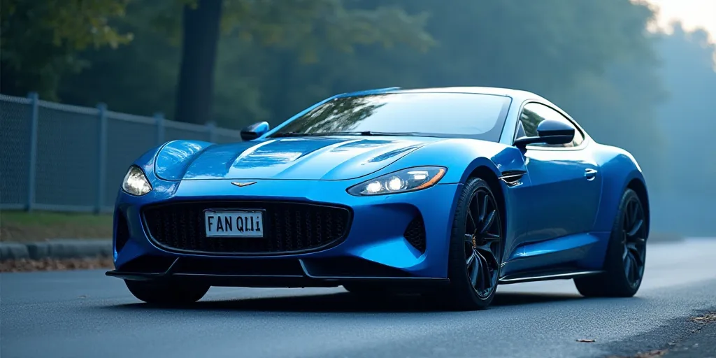 a blue sports car parked on a road in front of trees and a fence with a license plate on it, Fan Qi,