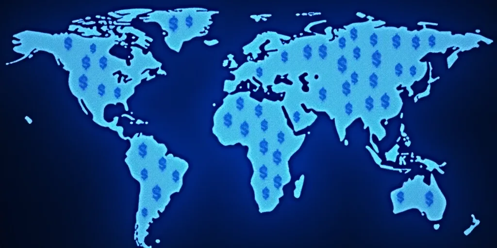 a blue world map with a lot of dollar signs on it and a blue background with a blue glow, Andries St