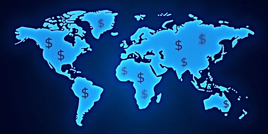 a blue world map with a lot of dollar signs on it and a blue background with a blue glow, Andries St
