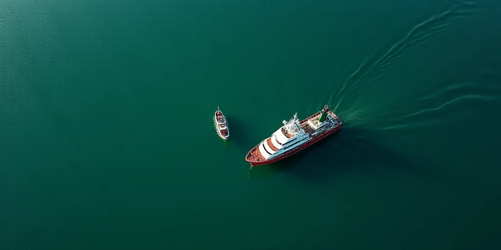 a boat and a boat in the water with a green marker on it's side and a smaller boat in the water with