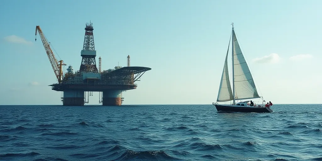 a boat sailing in the ocean near a large oil rig and a boat with a sailboat in front of it, Evelyn A