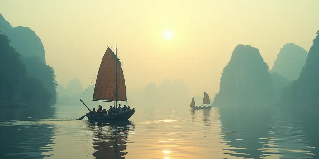 a boat with a long tail is in the water with people on it and a boat with a long tail is in the wate