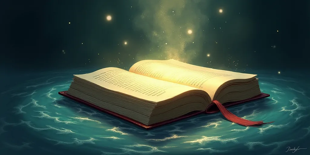 a book is sitting on a table with water around it and a light shining on it's cover, Dirk Crabeth, f
