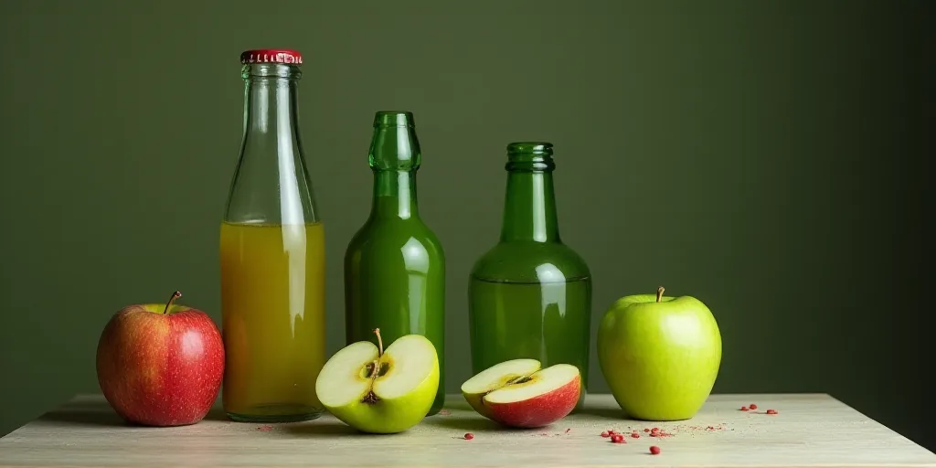 a bottle of apple cider next to a green apple and a half eaten apple on a table with other bottles,