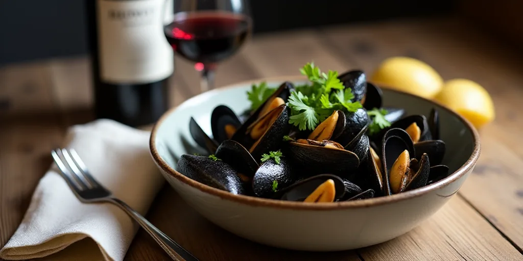 a bowl of mussels with a glass of wine next to it on a table with a napkin, Clovis Trouille, profess
