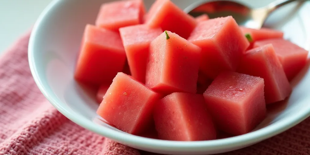 a bowl of watermelon cut into cubes with a spoon next to it on a towel with a spoon, Aya Goda, red,