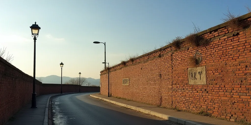 a brick wall with a light pole and street lights on it and a street sign on the side of the wall, Ce