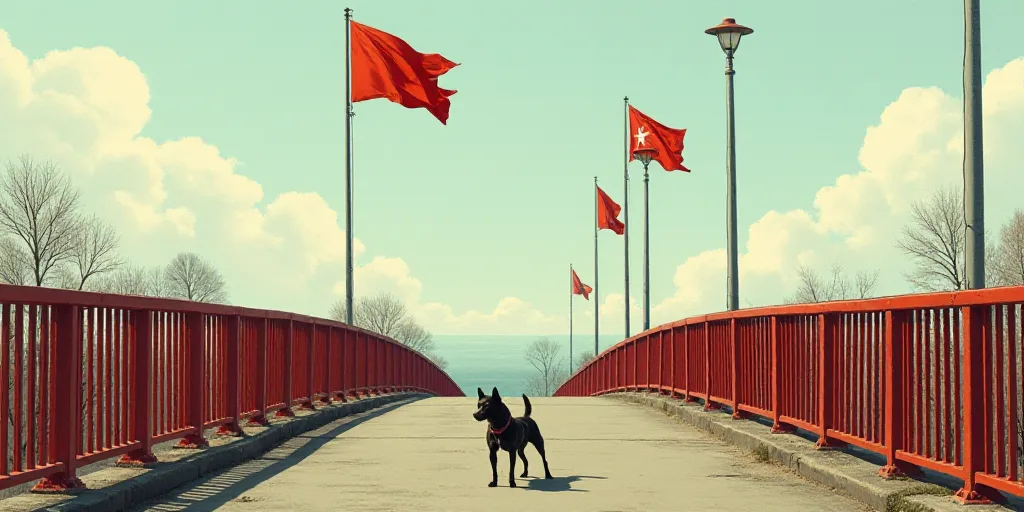 a bridge with a red metal railing and three flags flying on top of it and a dog on the bridge, Felix