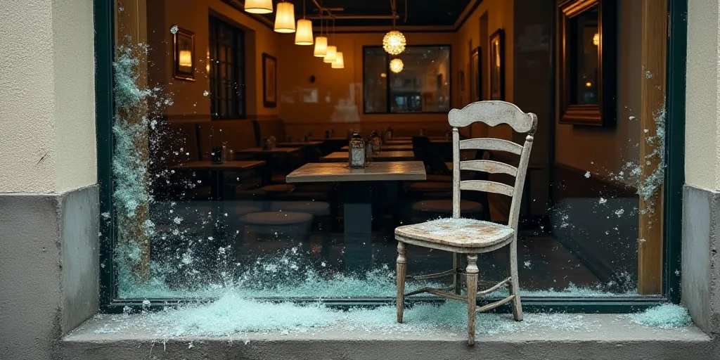 a broken glass window with a restaurant in the background and a broken chair in the foreground with