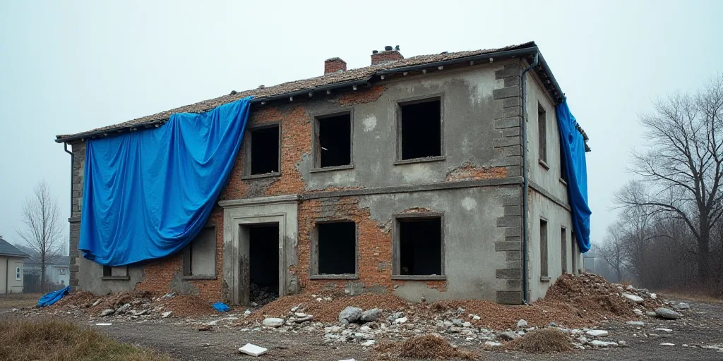 a building that has been destroyed and covered in tarps and debris with a blue tarp covering the out