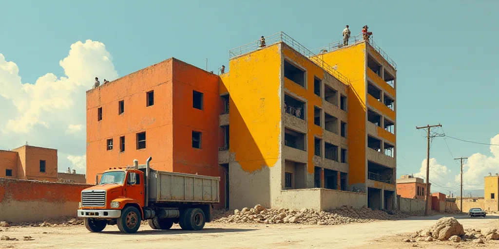 a building under construction with a truck parked in front of it and a few people on the roof of the