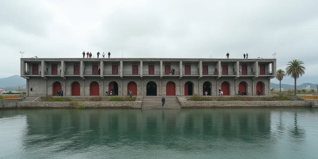 a building with a bunch of doors and windows next to a body of water with a few people standing on t