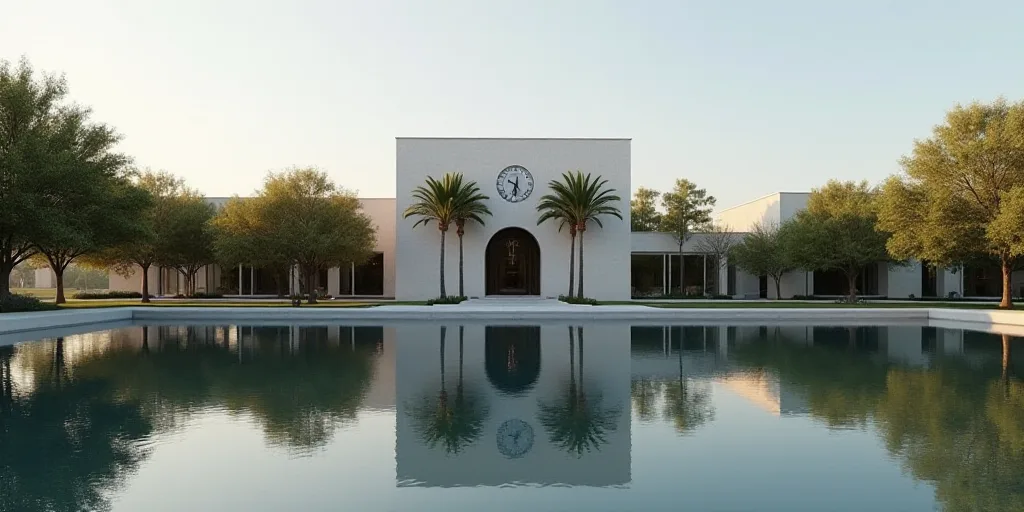 a building with a clock on the front of it and trees in front of it and a reflection in the water, C