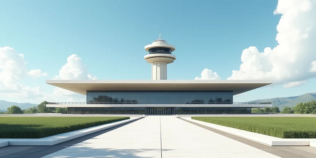 a building with a control tower in the background and a ramp leading to the building and a ramp lead