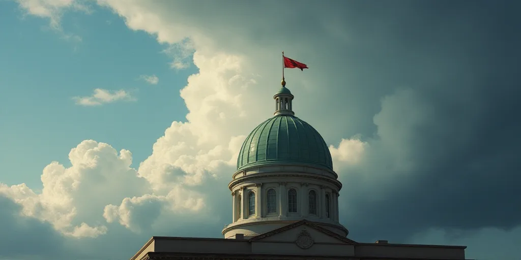 a building with a dome and a flag on top of it under a cloudy sky with clouds in the background, Den