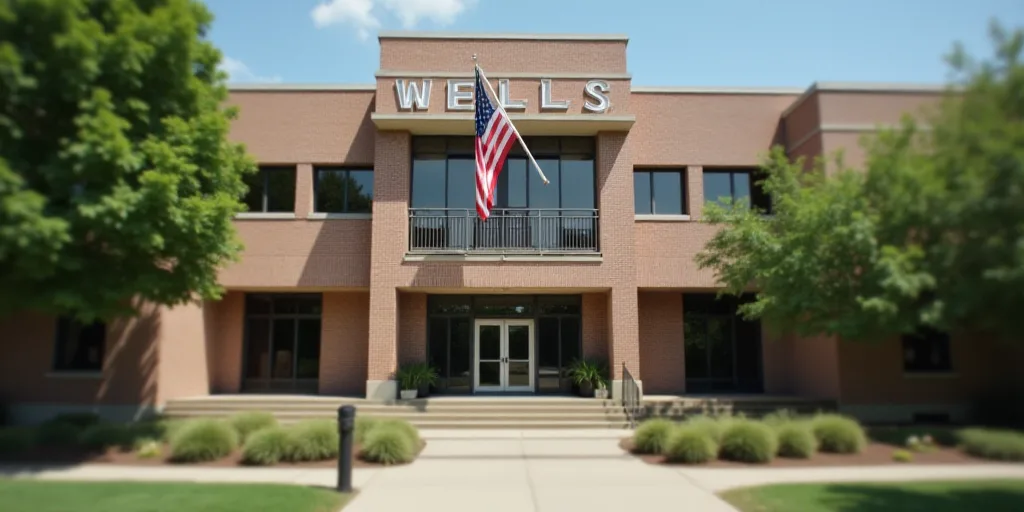 a building with a flag hanging from the side of it's front entrance and a wells sign on the outside,