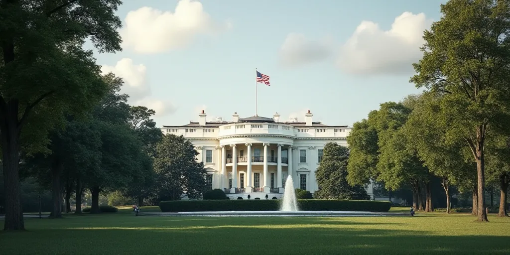 a building with a flag on top of it surrounded by trees and bushes in front of it is a white buildin