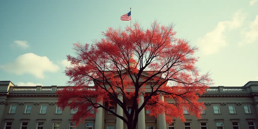a building with a flag on top of it and a tree in front of it with red leaves on the branches, Brend