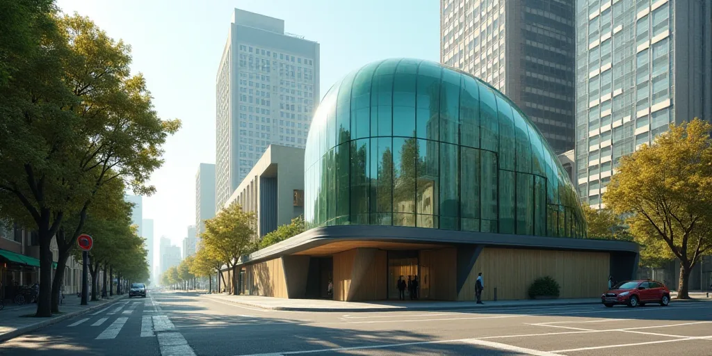 a building with a glass dome on top of it in a city street with tall buildings in the background, Ca