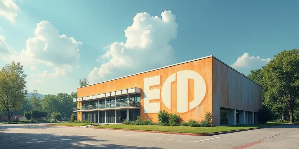 a building with a large sign on the side of it's side and a sky background with trees, Edi Rama, off