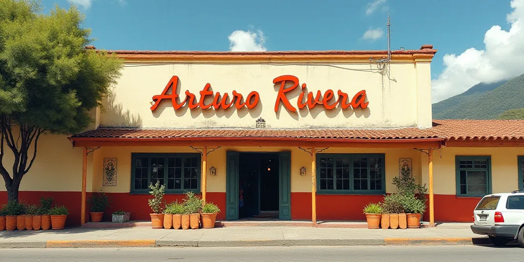 a building with a large sign on the front of it and a planter with flowers in front of it, Arturo Ri