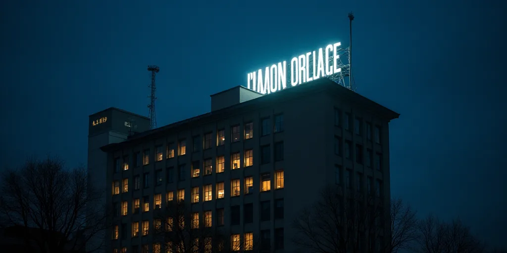 a building with a lit up sign on top of it at night time with lights on the windows and a building i