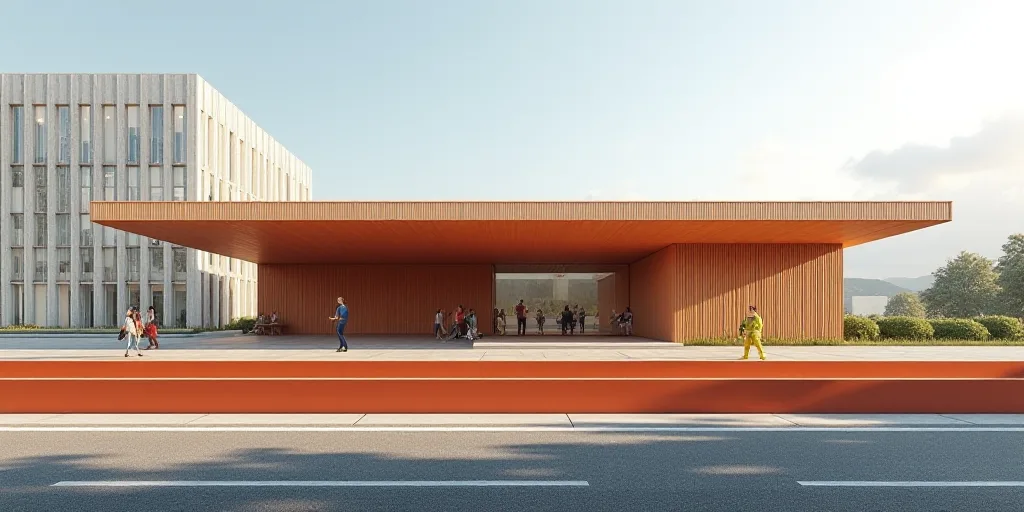 a building with a long orange rail in front of it and a road in front of it with a building in the b