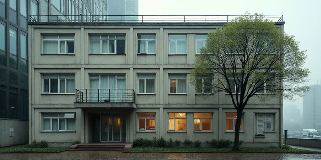 a building with a lot of windows and a clock on it's side and a tree in front of it, Cui Bai, mesh w