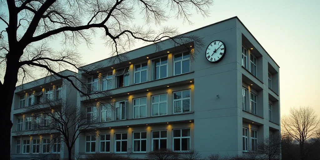 a building with a lot of windows and a clock on it's side and a tree in front of it, Cui Bai, mesh w