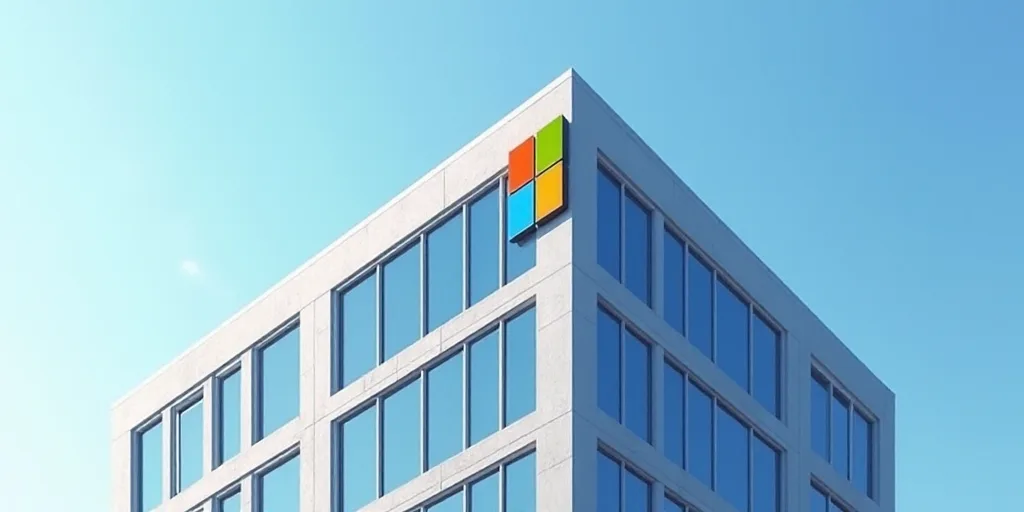 a building with a microsoft logo on it's side and windows reflecting the sky in the windows of the b