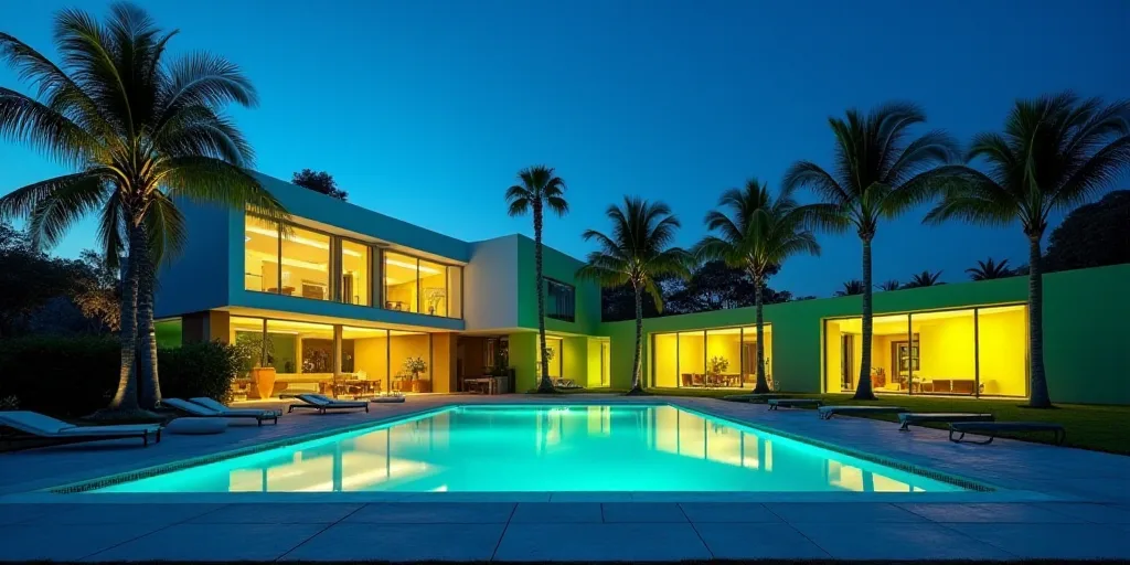 a building with a pool and palm trees in front of it at night time with a blue sky and a green and y