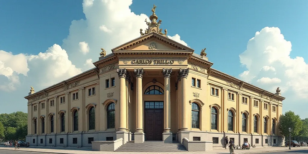 a building with a sign in front of it and a sky background with clouds in the background and a blue