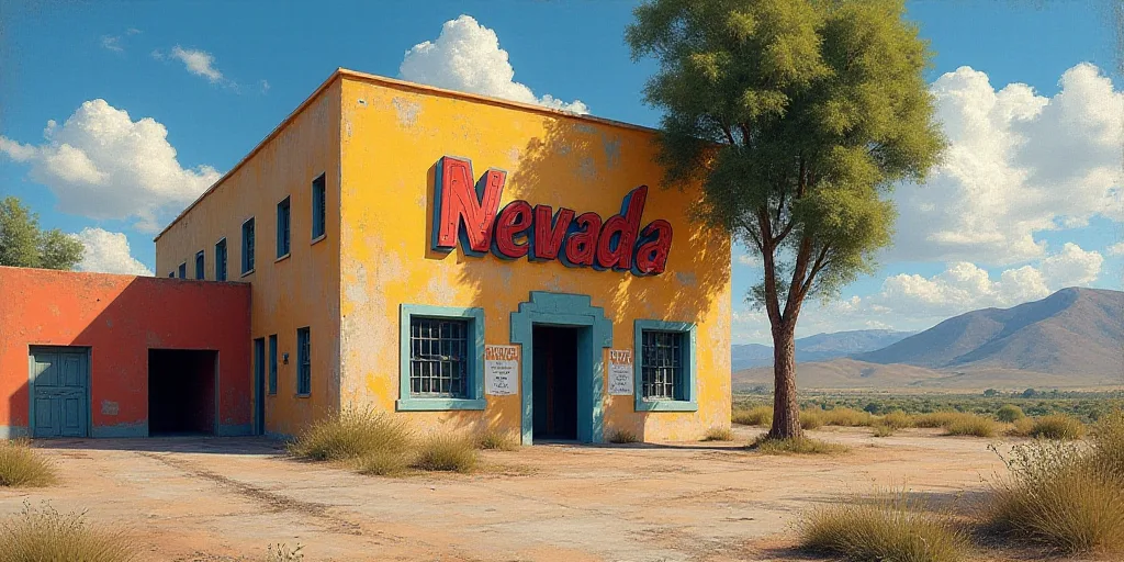 a building with a sign on the front of it that says nevada on the front of it and a tree in front of