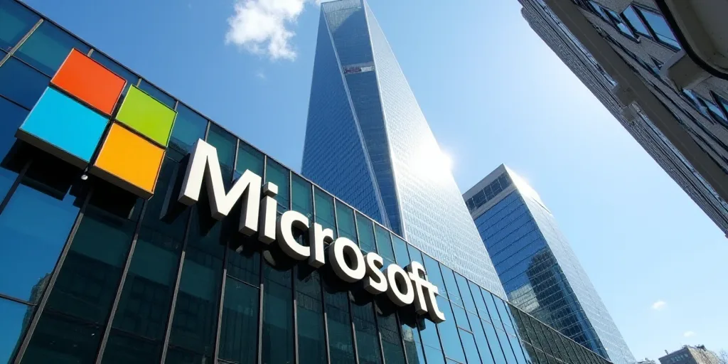 a building with a sign that says microsoft on it's side and a sky scraper in the background, Dahlov