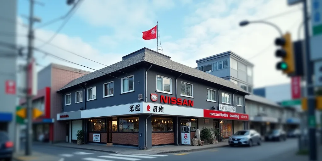 a building with a sign that says nissan and a flag on it's roof and a traffic light, Ai-Mitsu, japan