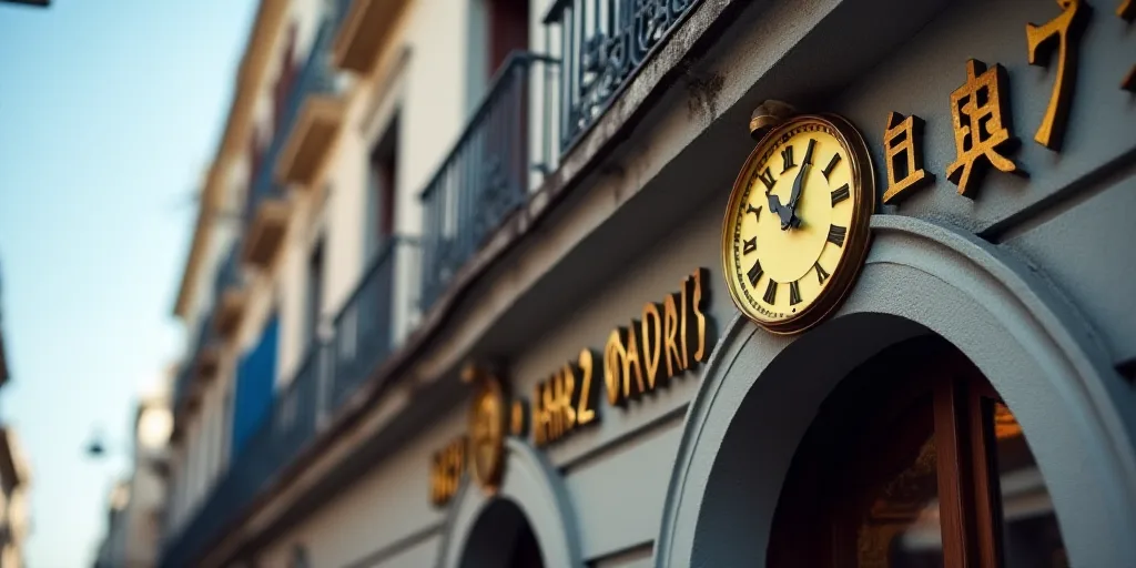 a building with a sign that says banco madrid on it's side and a clock on the front of it, Carlos Tr