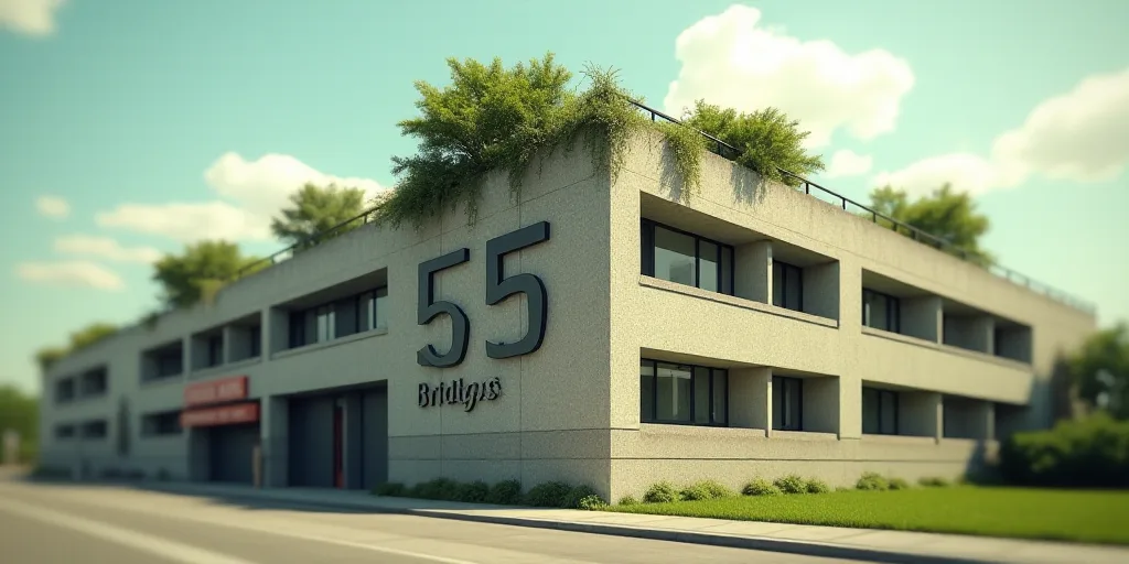 a building with a sign that says bridge 55 on it's side and a tree growing on the roof, Bernardo Dad