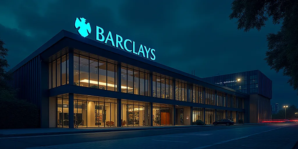 a building with a sign that says barclays in front of it at night time with a lit up sign, Charles B