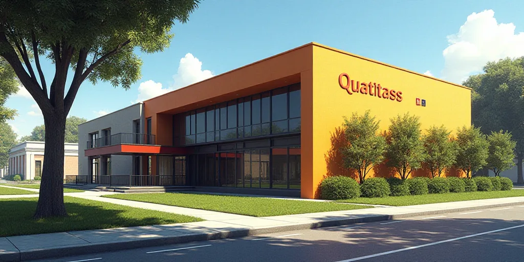 a building with a sign that says quatitass on it's side and a tree in front of it, Enguerrand Quarto